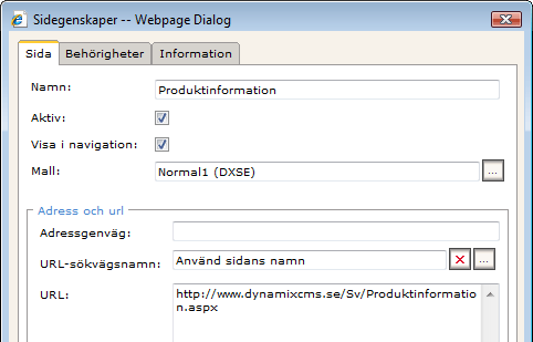 Under sidegenskaper kan du välja att använda dig av sidans namn för URL:er.